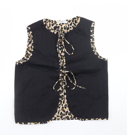 Gallery Women's Black Leopard Trim Sleeveless Tie Blouse Size S