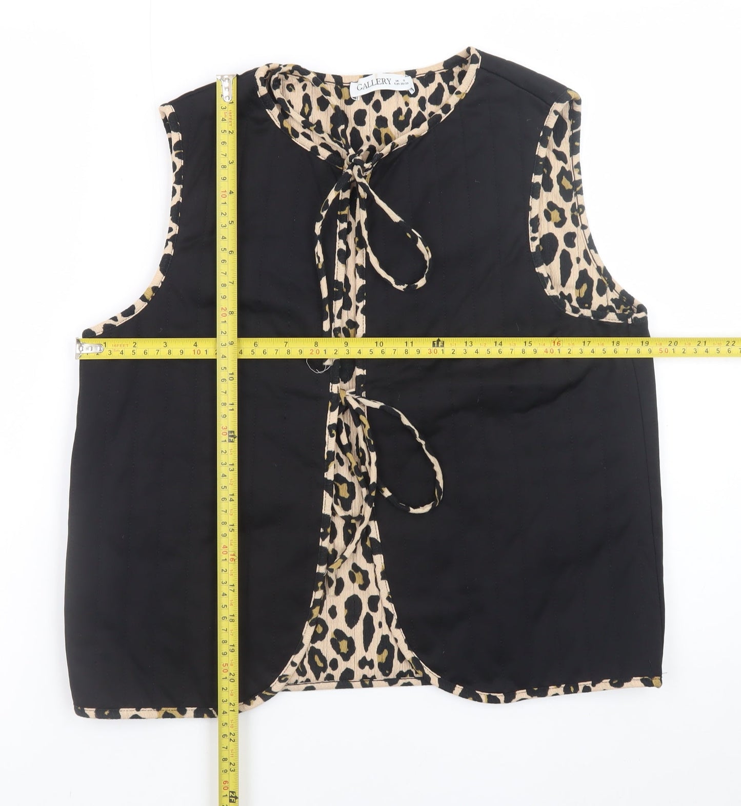 Gallery Women's Black Leopard Trim Sleeveless Tie Blouse Size S