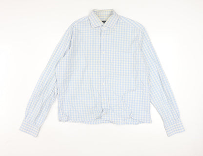 Hugo Boss Men's Blue Check Long Sleeve Cotton Button-Up Shirt Size 16