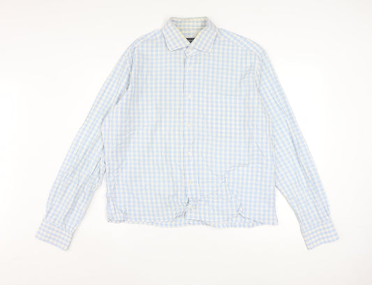 Hugo Boss Men's Blue Check Long Sleeve Cotton Button-Up Shirt Size 16