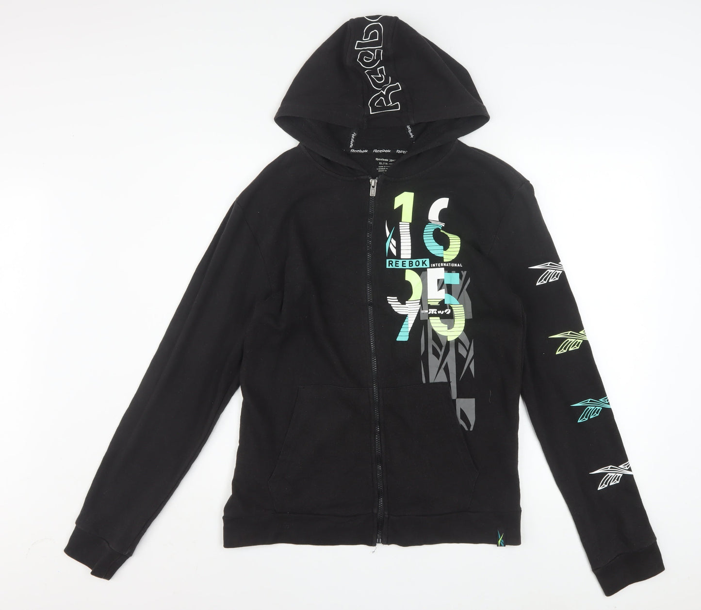 Reebok Men's Black Full Zip Hoodie XL Graphic Print Cotton Blend