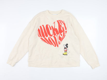 Disney Women Beige Mickey Mouse Pullover Sweatshirt M 12/14 Graphic Print