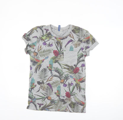 H&M Divided Men's Grey Tropical Floral Parrot Print T-Shirt XS