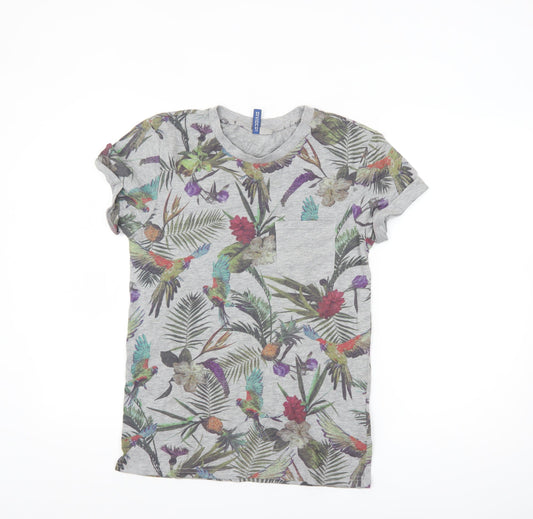 H&M Divided Men's Grey Tropical Floral Parrot Print T-Shirt XS