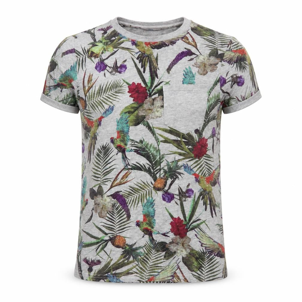 H&M Divided Men's Grey Tropical Floral Parrot Print T-Shirt XS