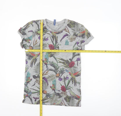 H&M Divided Men's Grey Tropical Floral Parrot Print T-Shirt XS