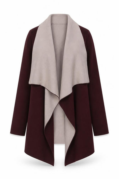 Gallery Women's Burgundy & Beige Open Front Long Sleeve Cardigan S