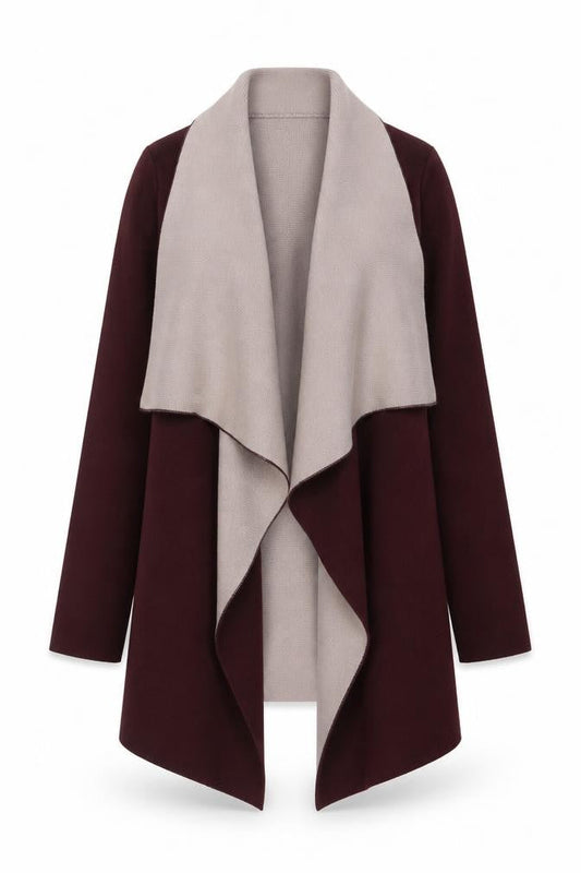 Gallery Women's Burgundy & Beige Open Front Long Sleeve Cardigan S