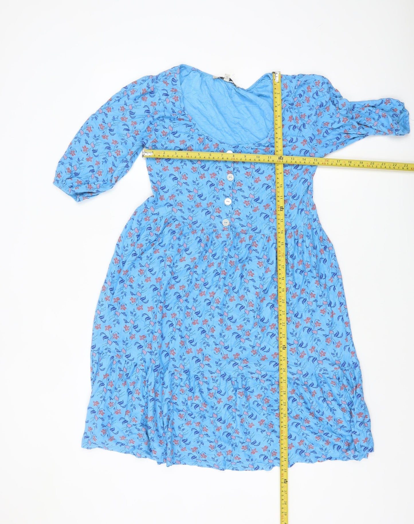 Next Women's Blue Floral Skater Dress Size 6 Puff Sleeve