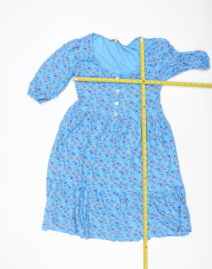 Next Women's Blue Floral Skater Dress Size 6 Puff Sleeve