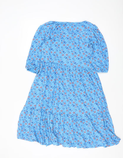 Next Women's Blue Floral Skater Dress Size 6 Puff Sleeve