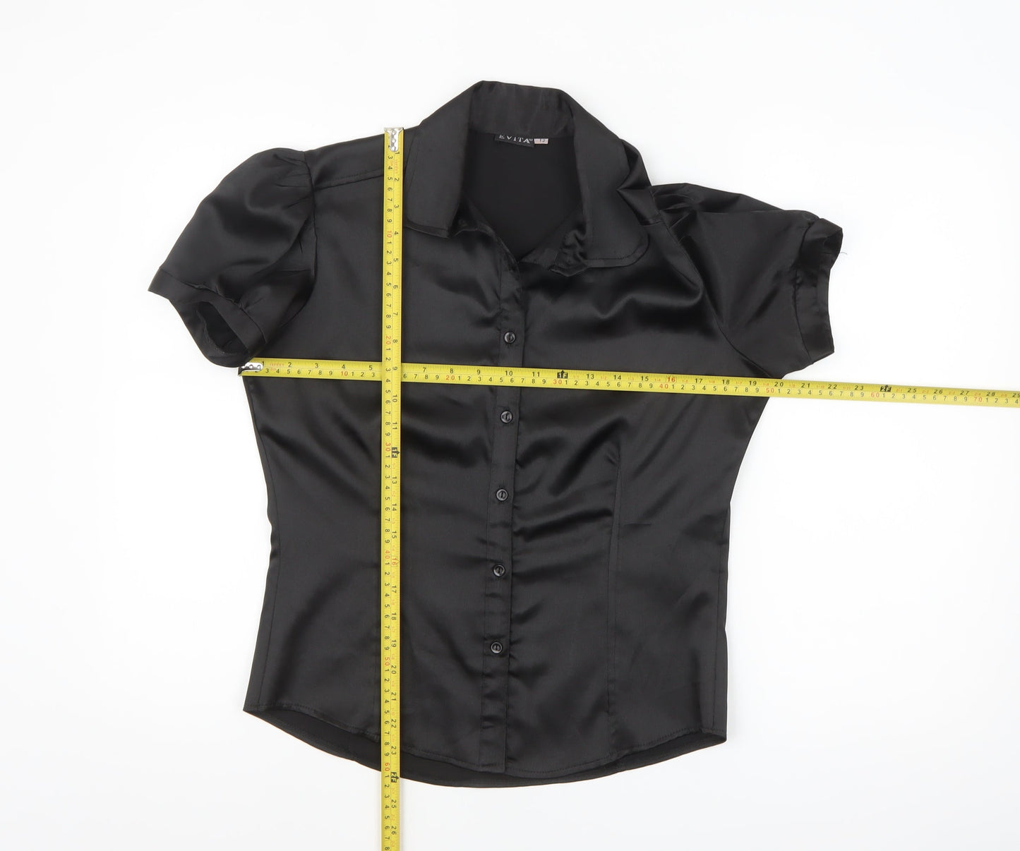 Evita Womens Black Short Sleeve Satin Button-Up Blouse Size 12