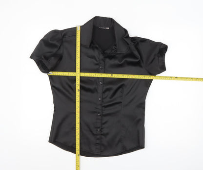 Evita Womens Black Short Sleeve Satin Button-Up Blouse Size 12