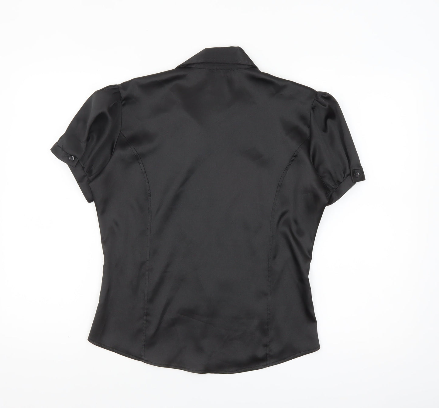 Evita Womens Black Short Sleeve Satin Button-Up Blouse Size 12