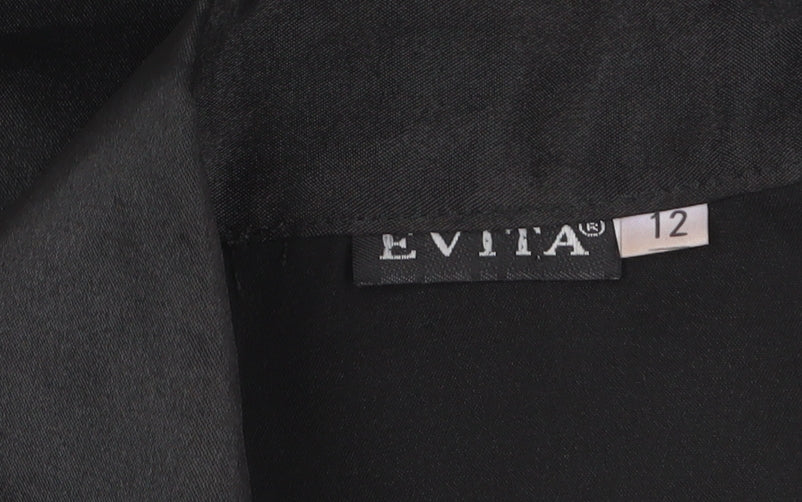 Evita Womens Black Short Sleeve Satin Button-Up Blouse Size 12