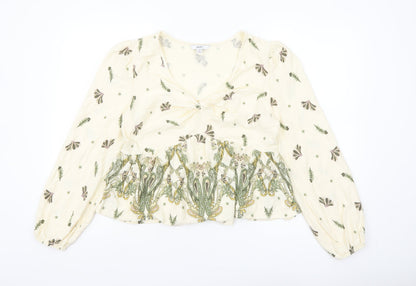 Next Women’s Beige Floral Tunic Blouse Size 16 Cotton V-Neck