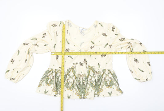 Next Women’s Beige Floral Tunic Blouse Size 16 Cotton V-Neck