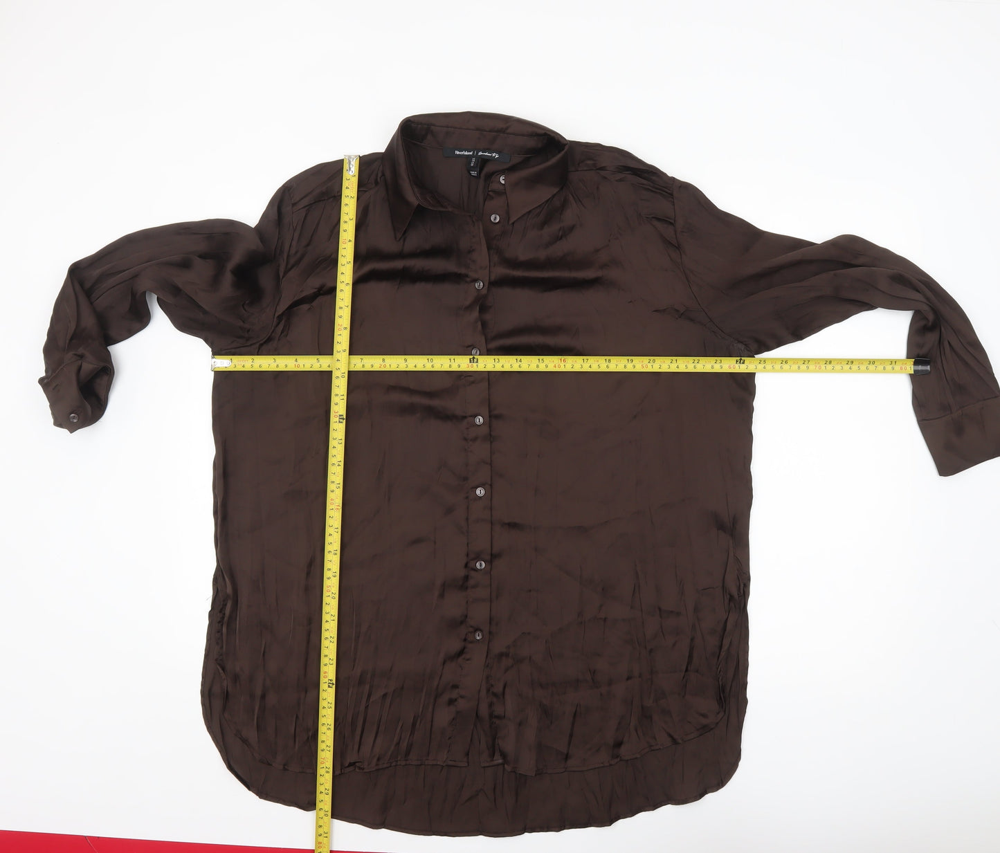 River Island Women Brown Satin Button-Up Shirt Size 14