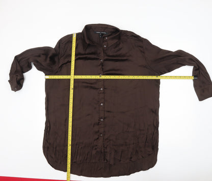 River Island Women Brown Satin Button-Up Shirt Size 14