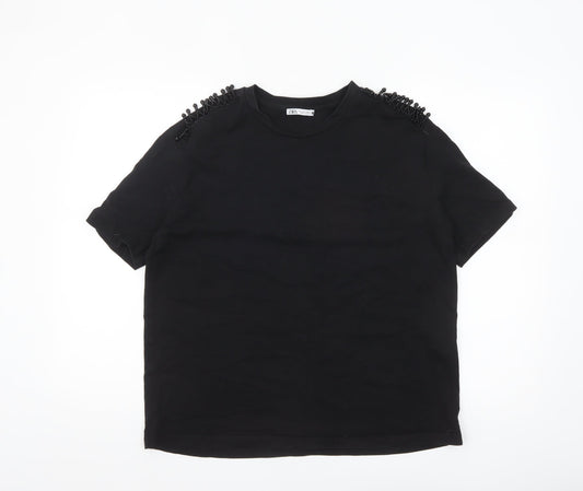 Zara Women Black Beaded Shoulder Cotton T-Shirt Size L