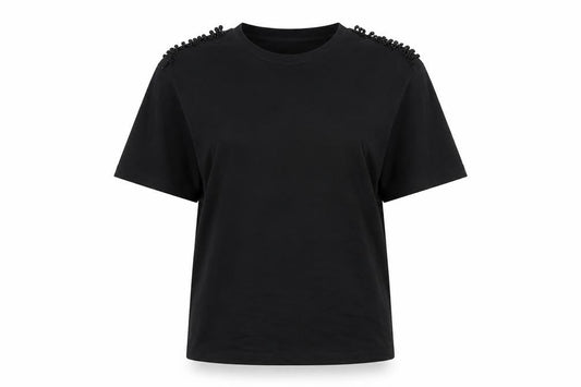 Zara Women Black Beaded Shoulder Cotton T-Shirt Size L