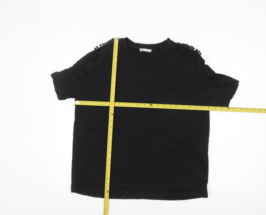 Zara Women Black Beaded Shoulder Cotton T-Shirt Size L