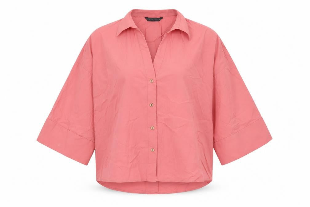 Zara Women Pink Cotton Button-Up Shirt Size S Relaxed Fit 3/4 Sleeve