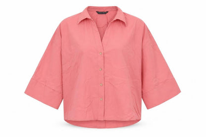 Zara Women Pink Cotton Button-Up Shirt Size S Relaxed Fit 3/4 Sleeve