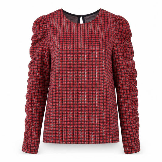 Savida Womens Red Check Ruffle Long Sleeve Blouse Size 8