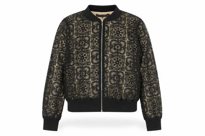 QED London Women’s Black Lace Bomber Jacket Lined Zip L Size