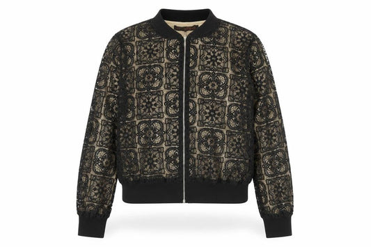 QED London Women’s Black Lace Bomber Jacket Lined Zip L Size