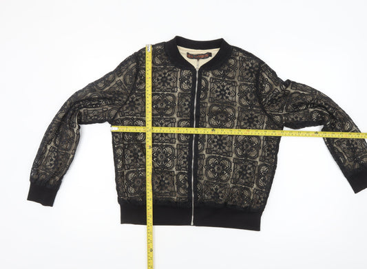 QED London Women’s Black Lace Bomber Jacket Lined Zip L Size