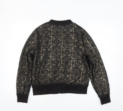 QED London Women’s Black Lace Bomber Jacket Lined Zip L Size