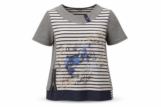 Gerry Weber Women Blue Striped Motorcycle Print T-Shirt Size 18