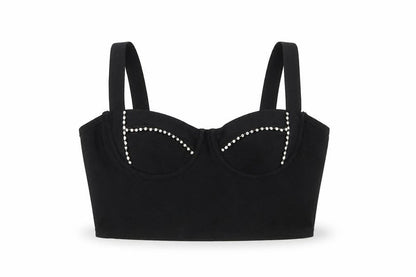 Bershka Women's Black Cropped Tank Top with Beaded Detail Size 12