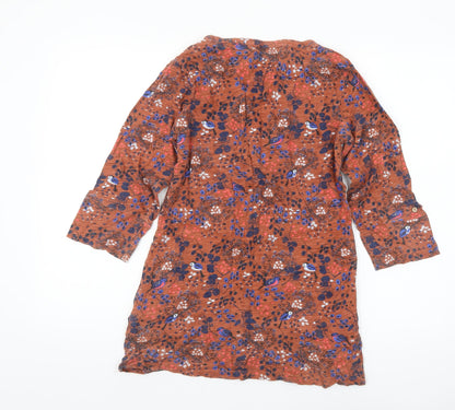 Mantaray Womens Brown Floral Tunic Blouse Size 8 V-Neck Cotton Top