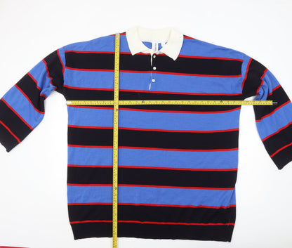 Collusion Men's Blue Striped Collared Henley Jumper Size M