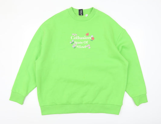 Collusion Women's Green Pullover Sweatshirt UK 12 Graphic Print Crew Neck