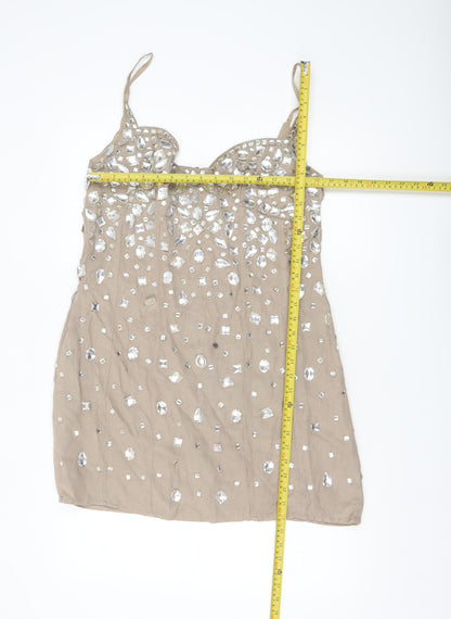ASOS Women Beige Embellished Slip Dress Size 14 Partywear