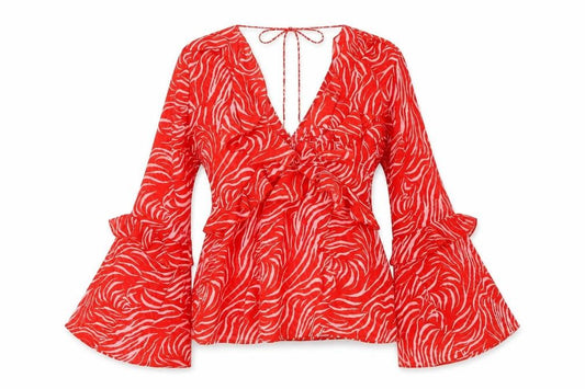 ASOS Women's Red Animal Print Wrap Blouse Size 8 Long Bell Sleeve
