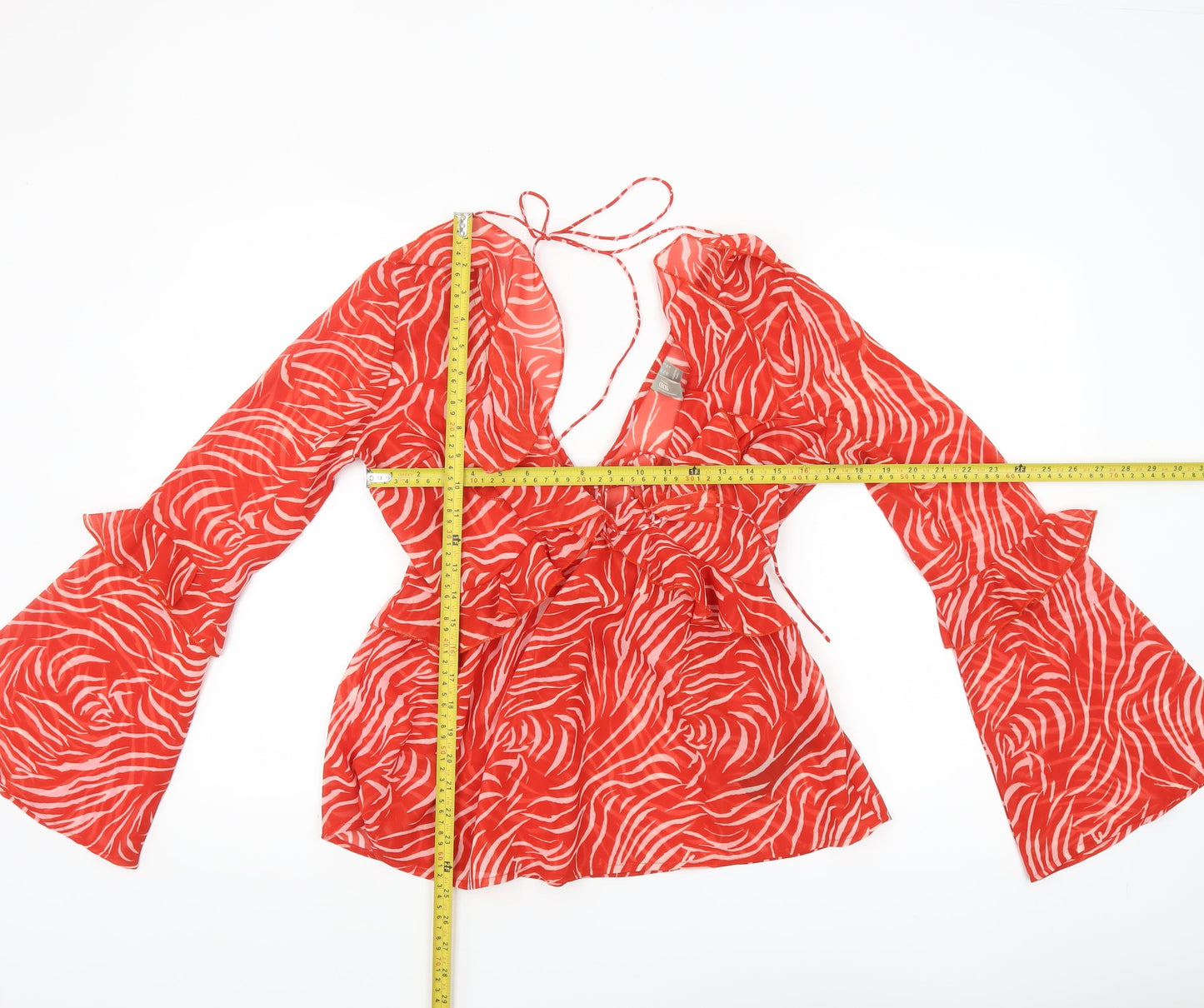 ASOS Women's Red Animal Print Wrap Blouse Size 8 Long Bell Sleeve