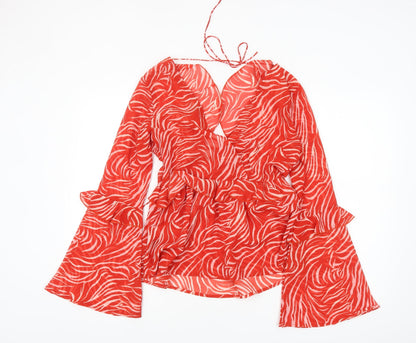 ASOS Women's Red Animal Print Wrap Blouse Size 8 Long Bell Sleeve