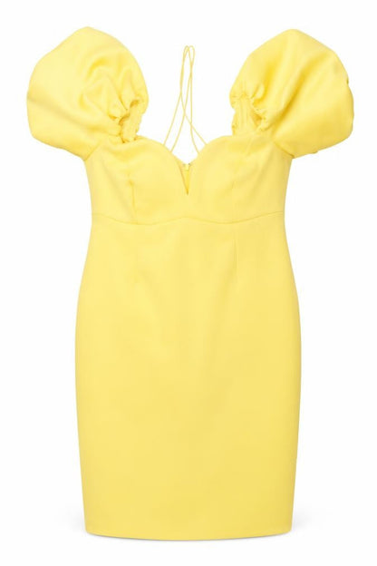 Front view of ASOS Women Yellow Puff Sleeve Bodycon Dress UK 10 Midi Party Style
