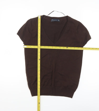 ZARA Women Brown V-Neck Short Sleeve Knit Jumper Size 12
