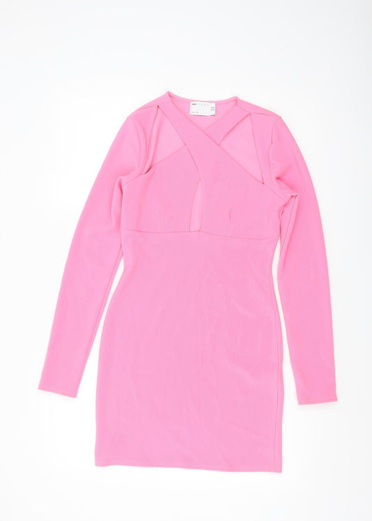 ASOS Women’s Pink Bodycon Mini Dress Size 10 Long Sleeve V-Neck