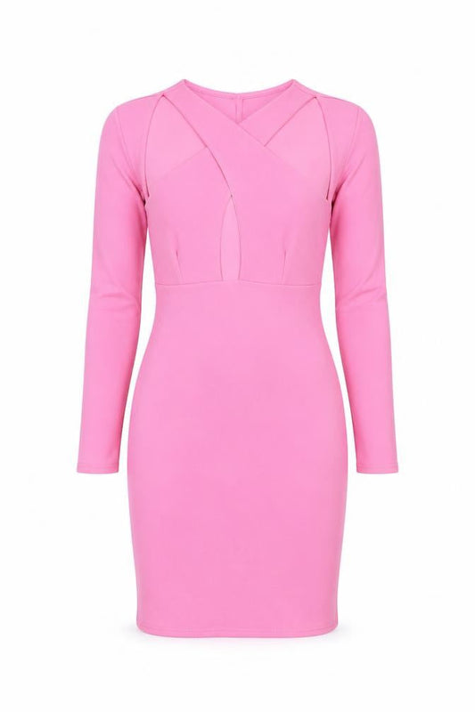 Front view of ASOS Women’s Pink Bodycon Mini Dress, size UK 10, Long Sleeve V-Neck