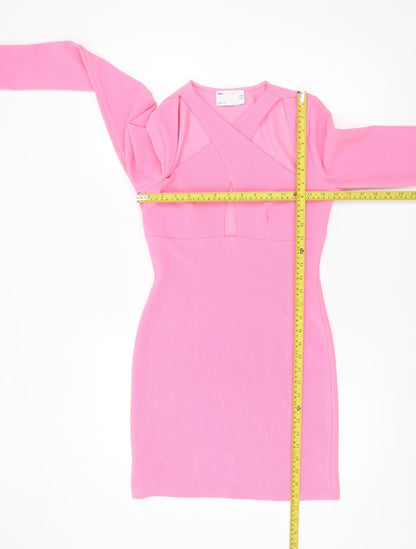 ASOS Women’s Pink Bodycon Mini Dress Size 10 Long Sleeve V-Neck
