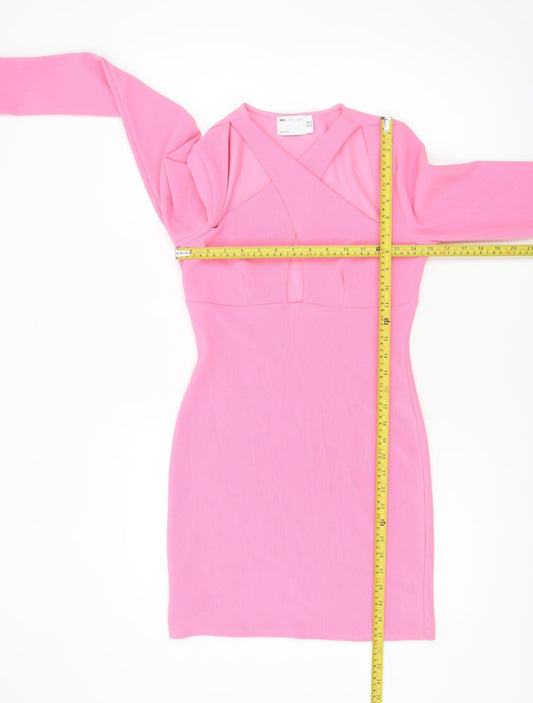 ASOS Women’s Pink Bodycon Mini Dress Size 10 Long Sleeve V-Neck