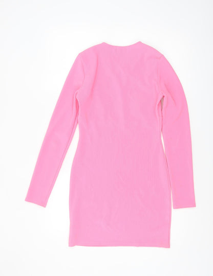 ASOS Women’s Pink Bodycon Mini Dress Size 10 Long Sleeve V-Neck