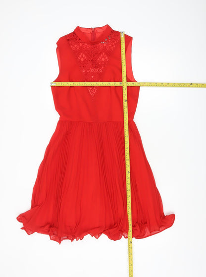 ASOS Women Red Size 8 Fit & Flare Lace Pleated Chiffon Dress